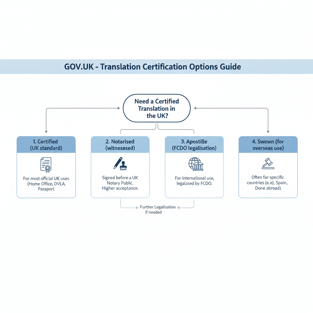 Graphic comparing UK translation certification options Certified, Notarised, Apostille, and Sworn