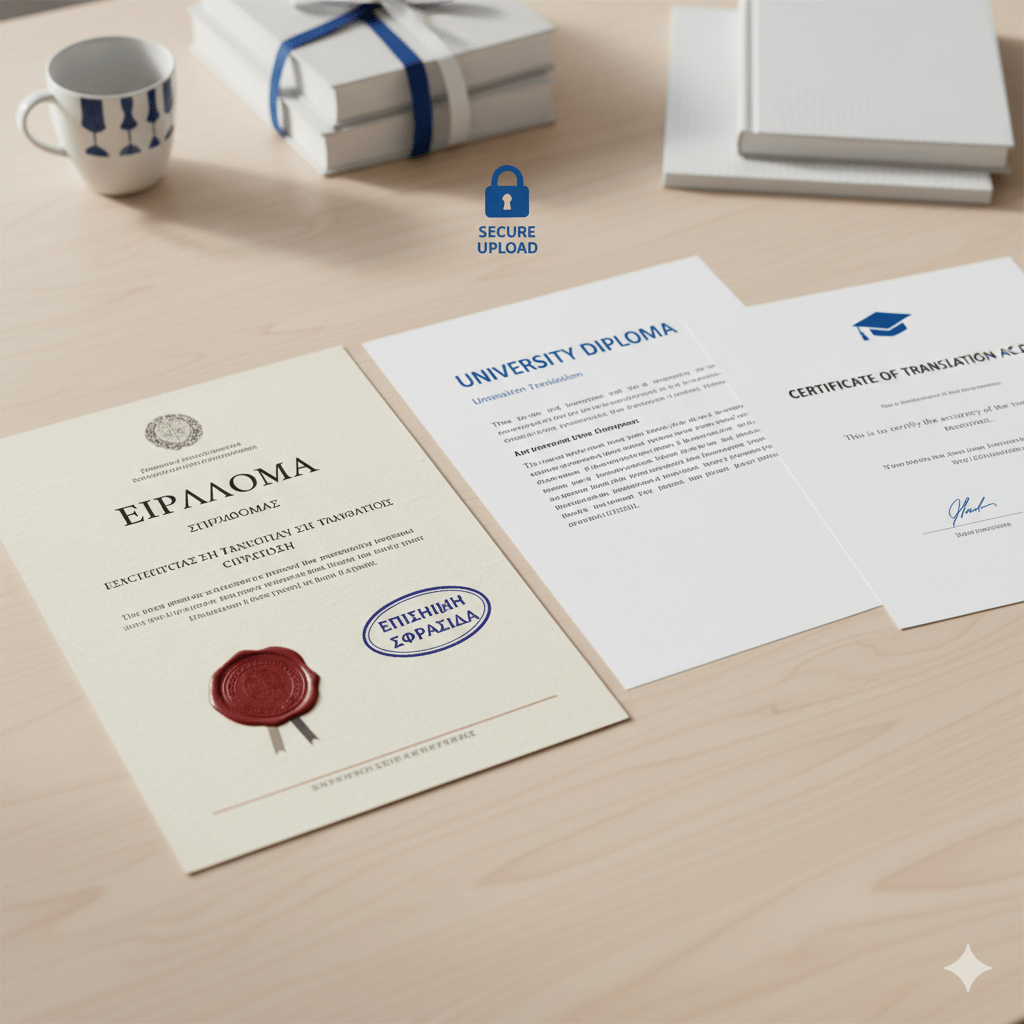 Greek diploma with certified English translation and certificate on a desk, ready for university submission.