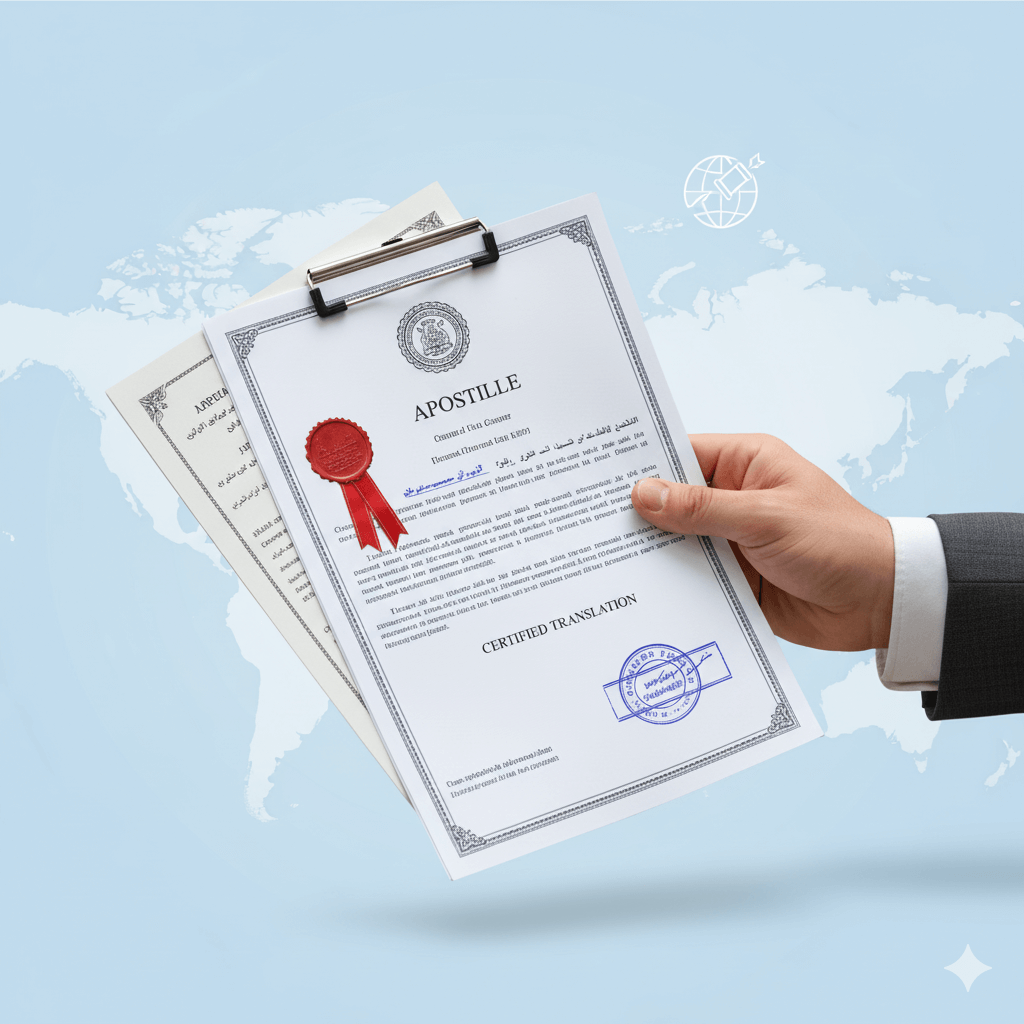 Hand holding apostille certificate with translated version for international recognition
