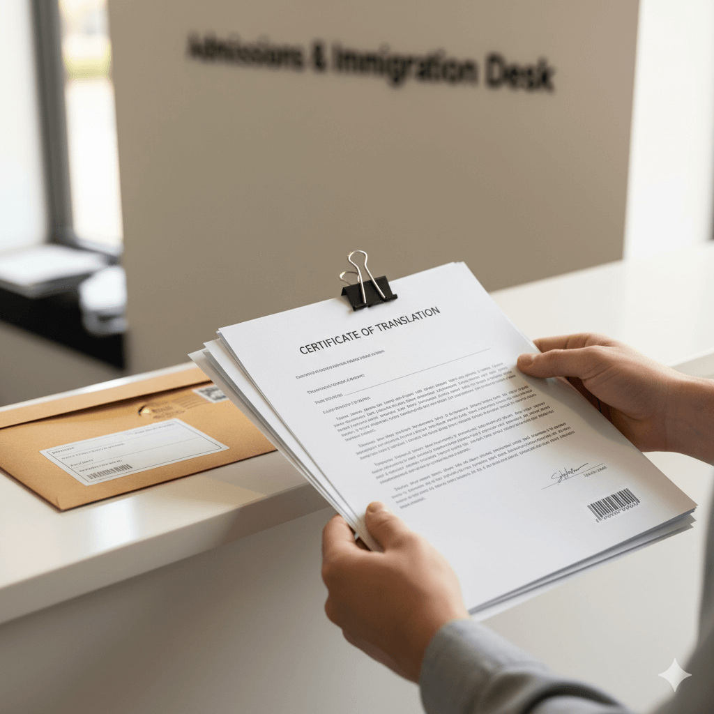 Hands holding a certified translation pack with a certificate cover page, ready for submission to admissions or immigration.
