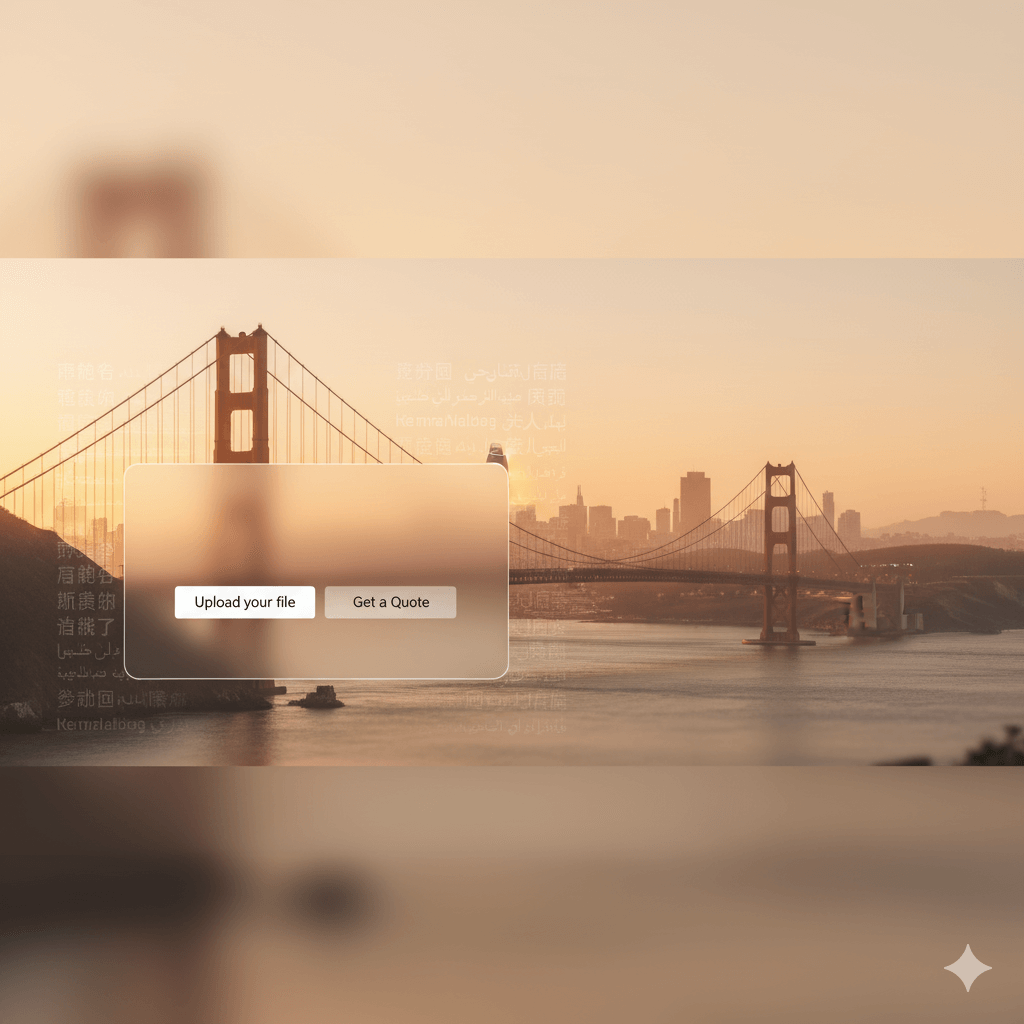 Hero banner for translation services San Francisco with Golden Gate Bridge and an overlay ‘Upload your file’ call-to-action.