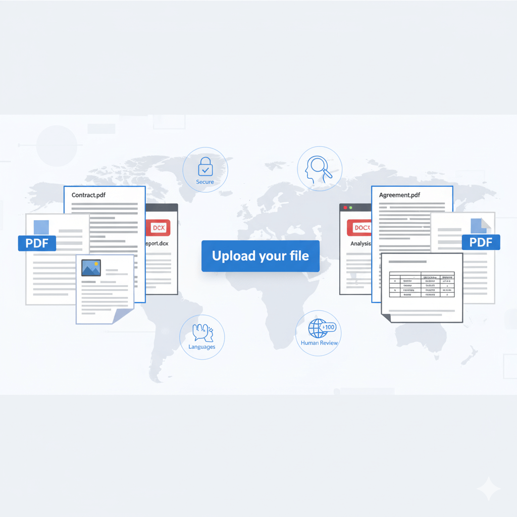 Hero banner showing AI document translation from multiple formats with upload