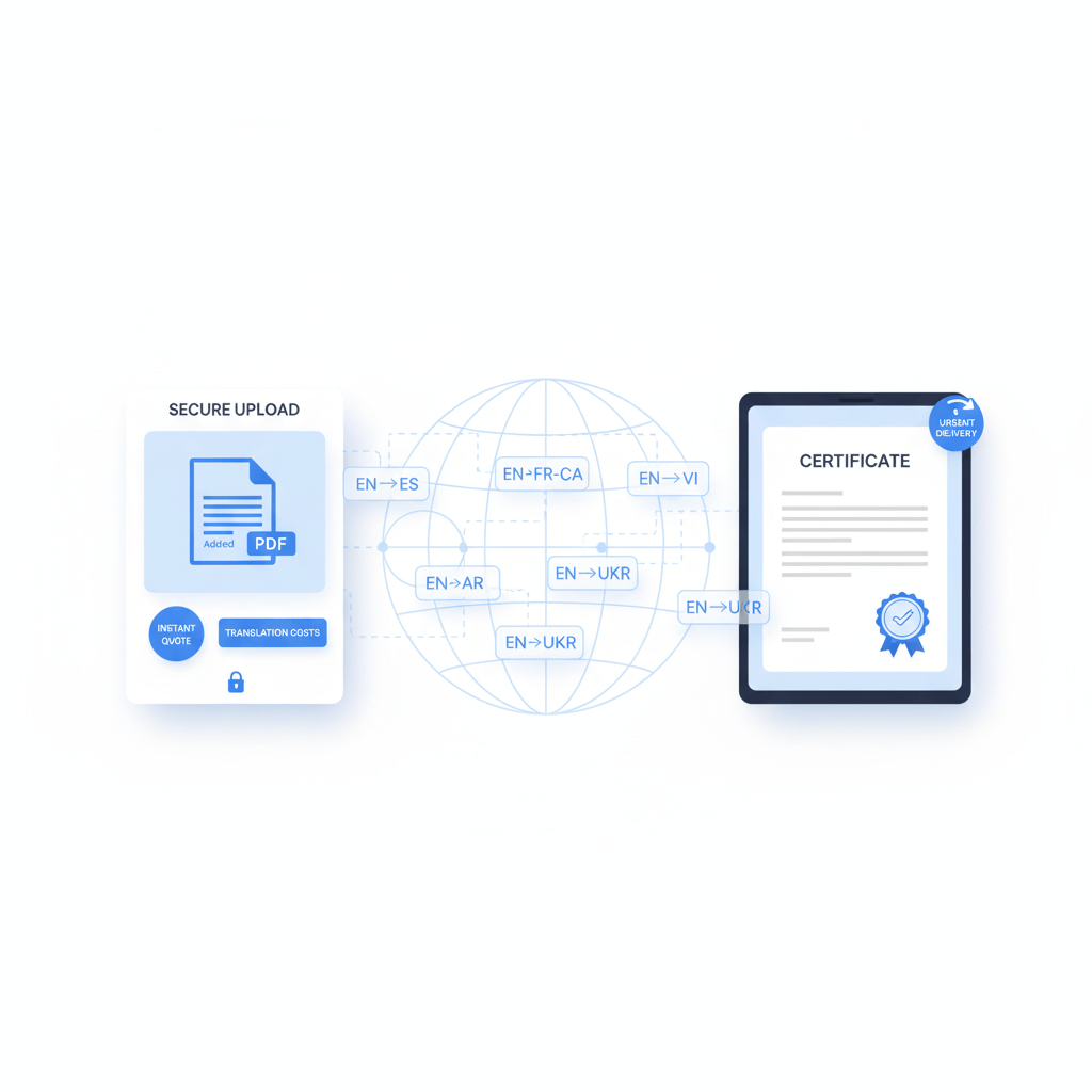 Hero banner showing secure online document translation with file upload, instant translation costs, certified preview, and urgent translation service.
