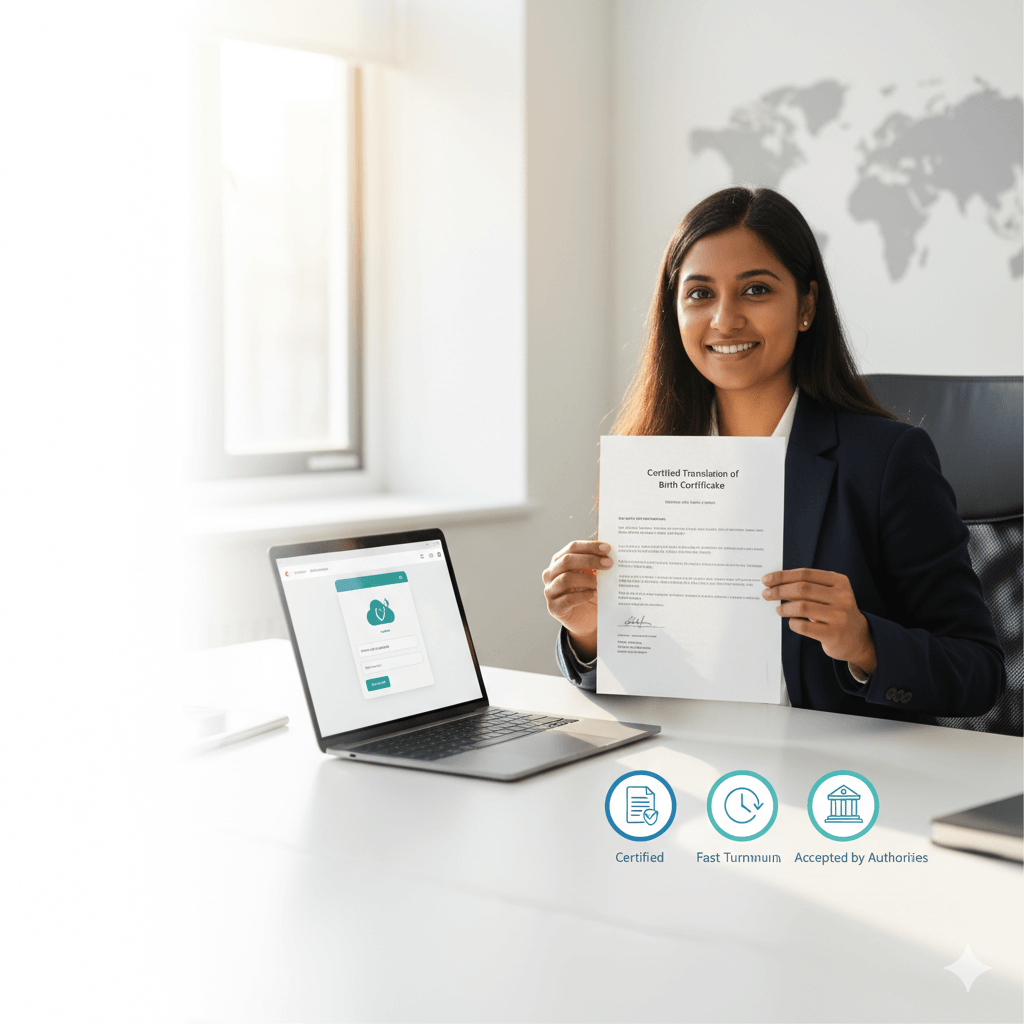 Hero image of a professional translator reviewing a document next to a secure file-upload screen—clear path on how to become a translator and support for visa document translation.