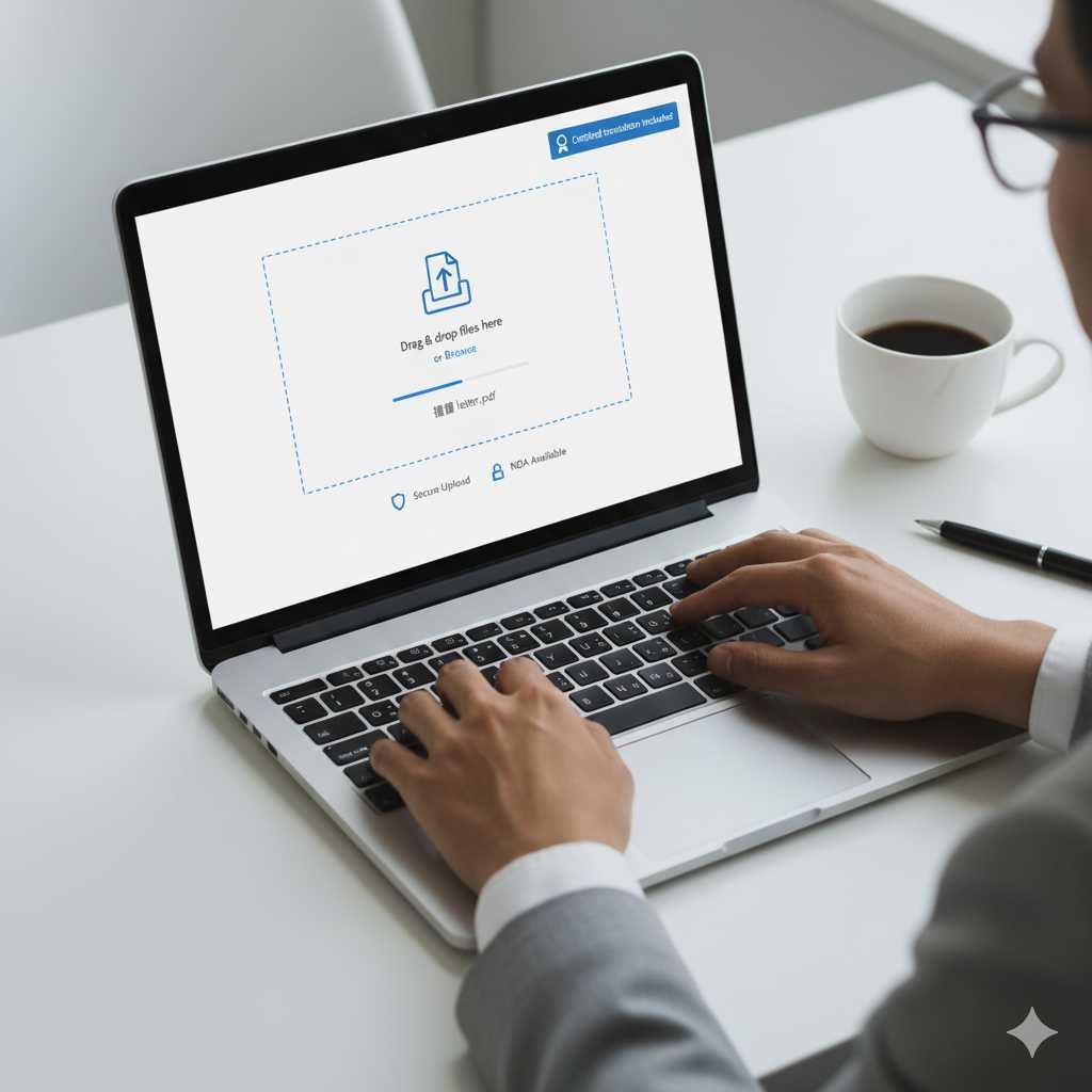 Hero image of a user uploading a document for a 推薦 translation service with certified translation badge and secure upload UI.