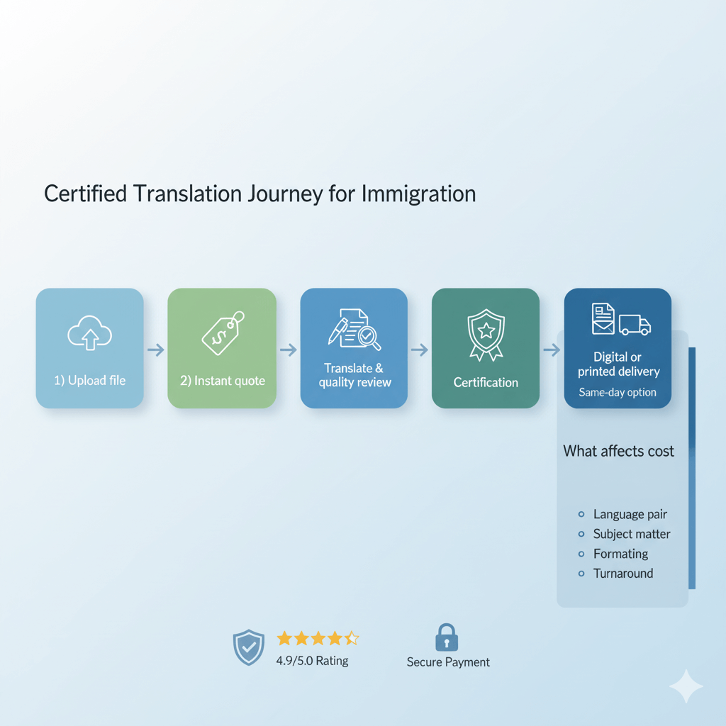 Horizontal process graphic showing upload, quote, translation, certification, and delivery with a side panel of translation cost factors.
