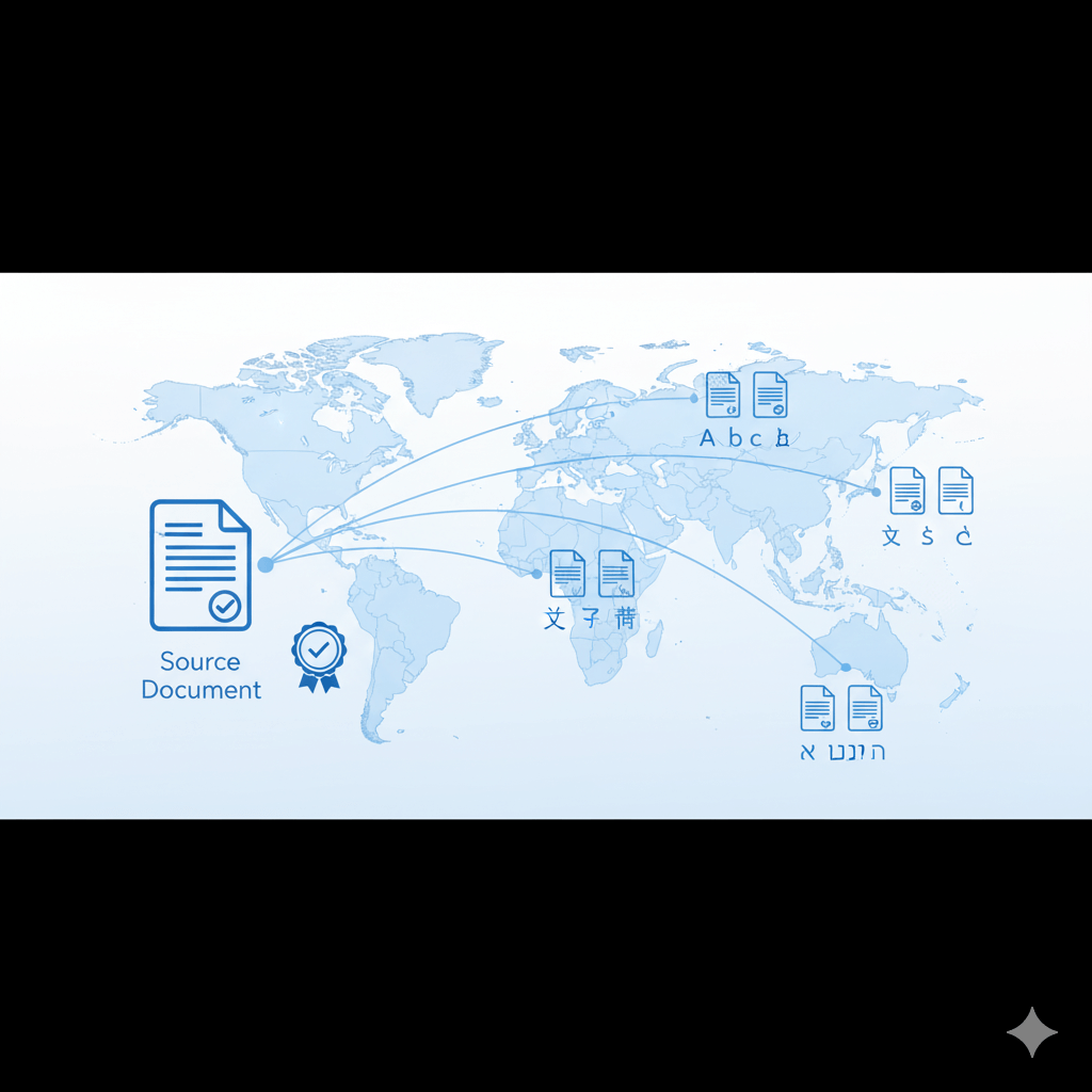 Horizontal world map showing one document translating to many languages at once with a certification seal for official use.