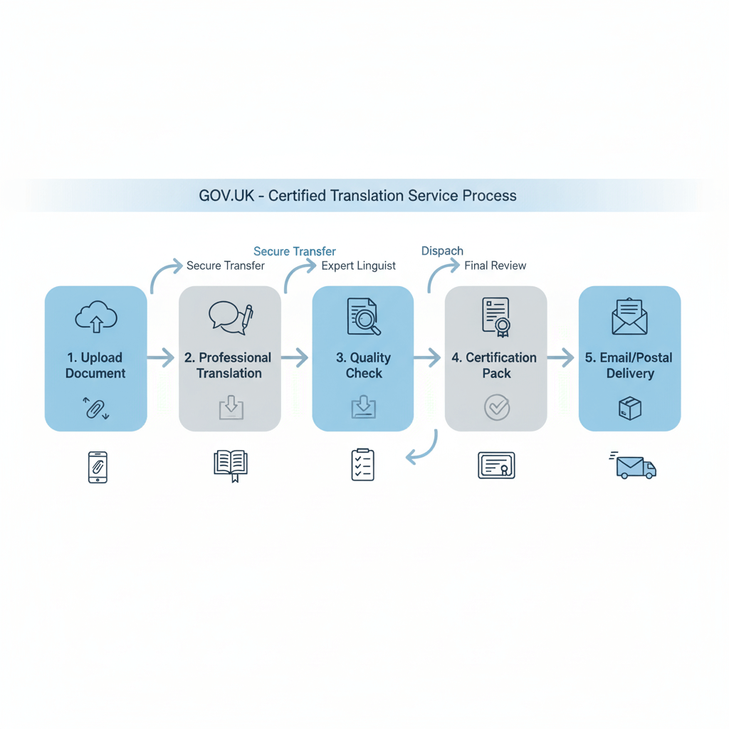Infographic 5 step UK certified translation process (Upload, Translate, Quality Check, Certify, Deliver) with icons