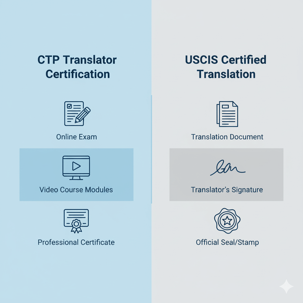 Infographic comparing CTP translator certification program with USCIS certified translation requirements