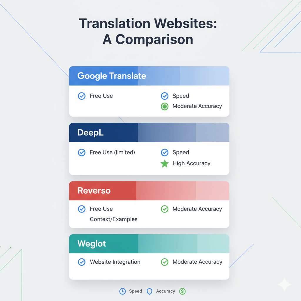 Infographic comparing best translation websites – Google Translate, DeepL, Reverso, and Weglot with icons for accuracy, speed, and reliability.