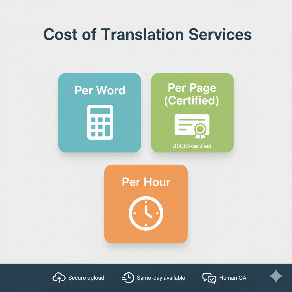 Infographic comparing translation rates per word, per page (certified), and per hour with USCIS-certified and same-day service icons.