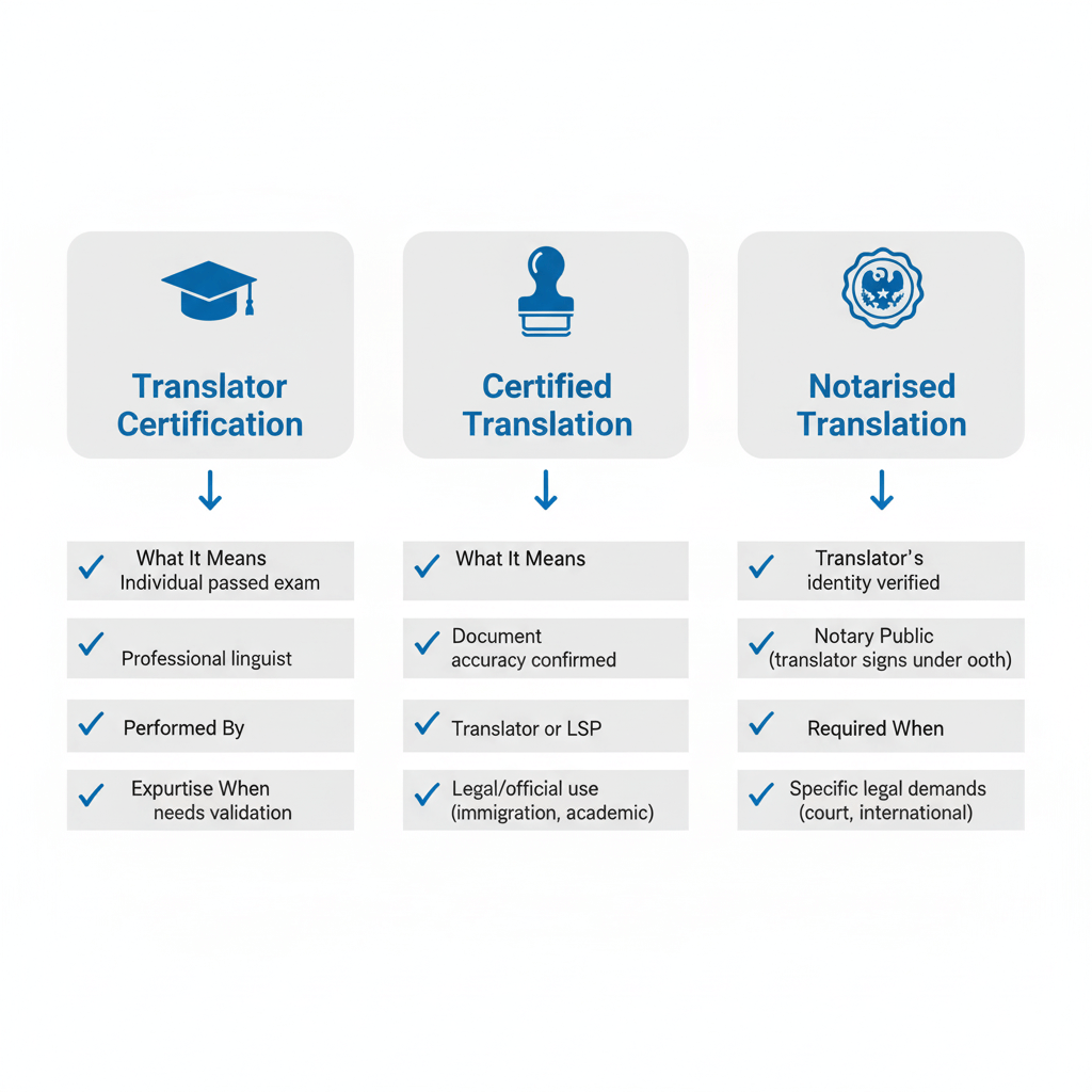 Infographic comparing translator certification, certified translation, and notarised translation with icons and definitions