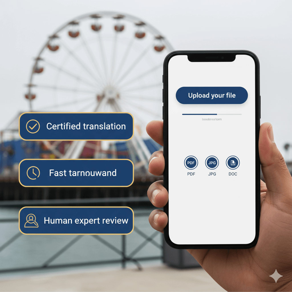 Interpreter agency Los Angeles — client uploading a document on mobile near Santa Monica with certified translation badges.