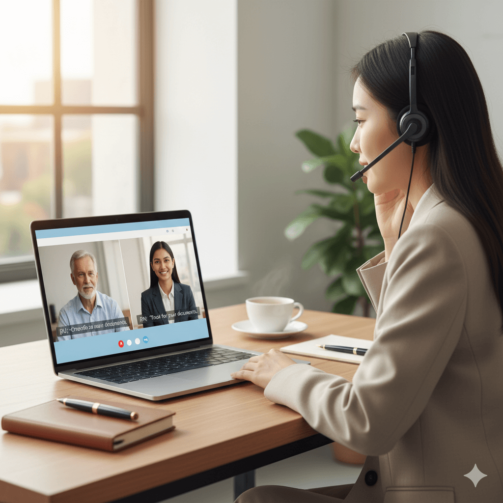 Interpreter on a video call translating spoken Russian to English with live captions on screen.