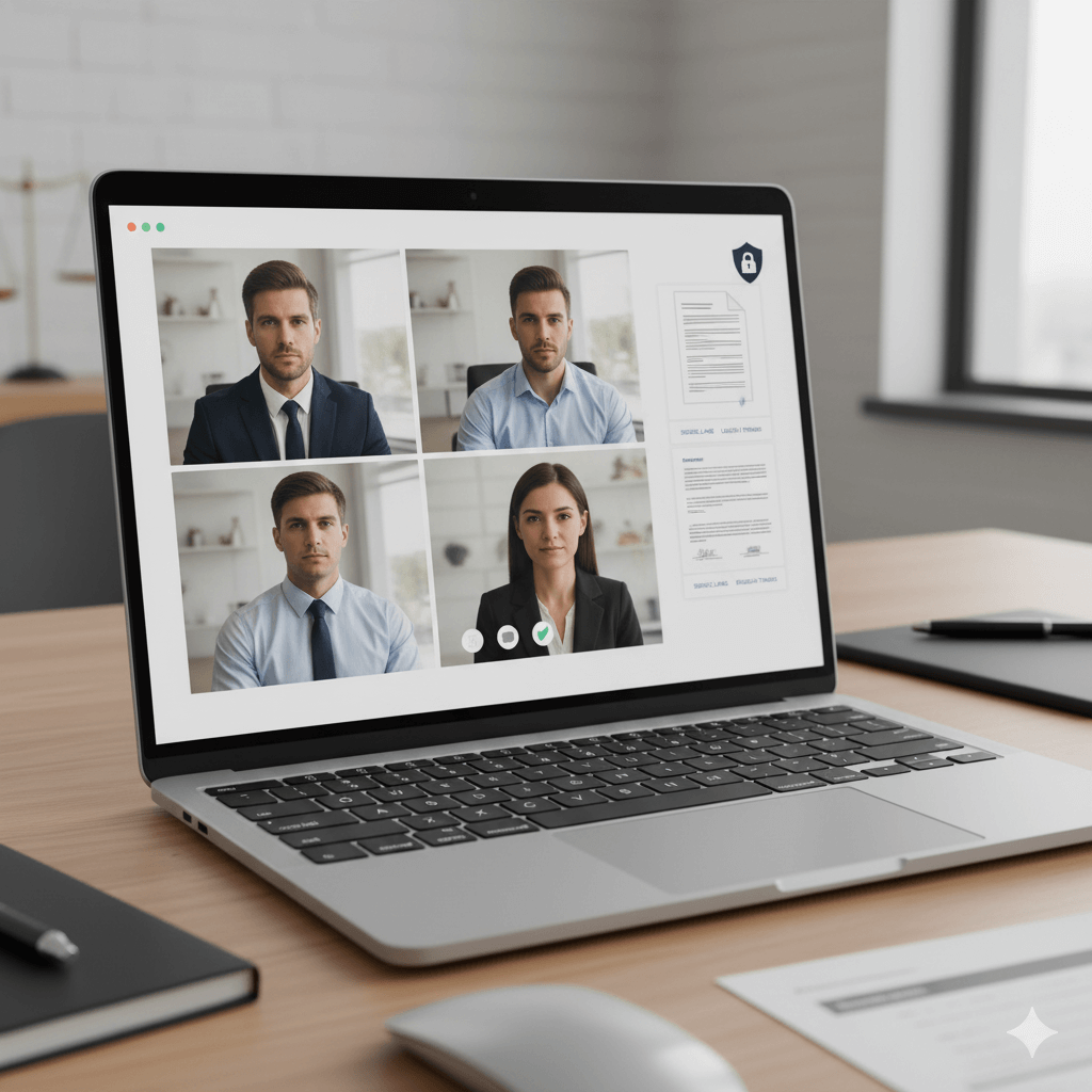 Legal interpreters enabling law translation online during a secure video consultation with multilingual legal documents.