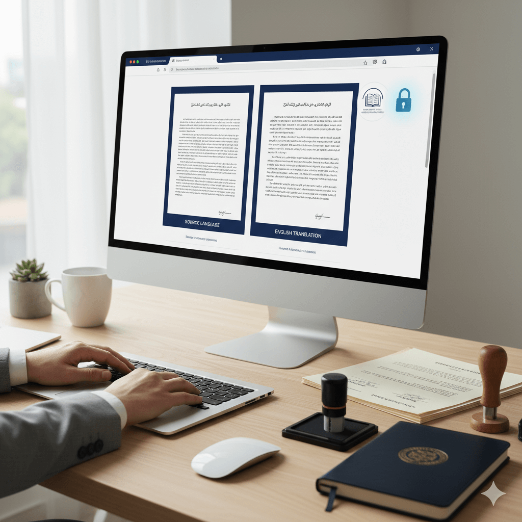 Legal translation online hero image with certified legal translators reviewing a bilingual contract on a secure portal.