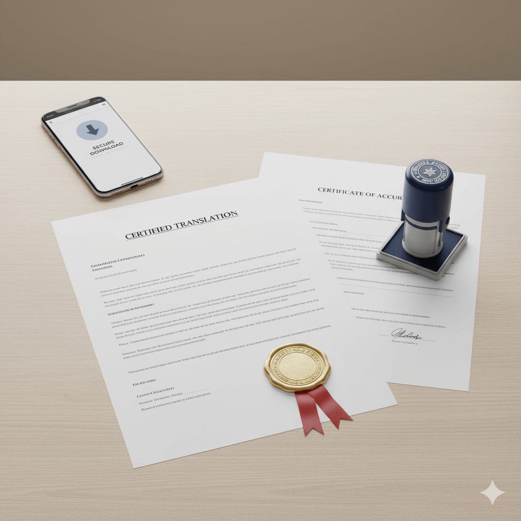 Legalised translations pack showing certified translation, notary stamp and apostille for immigration documents.