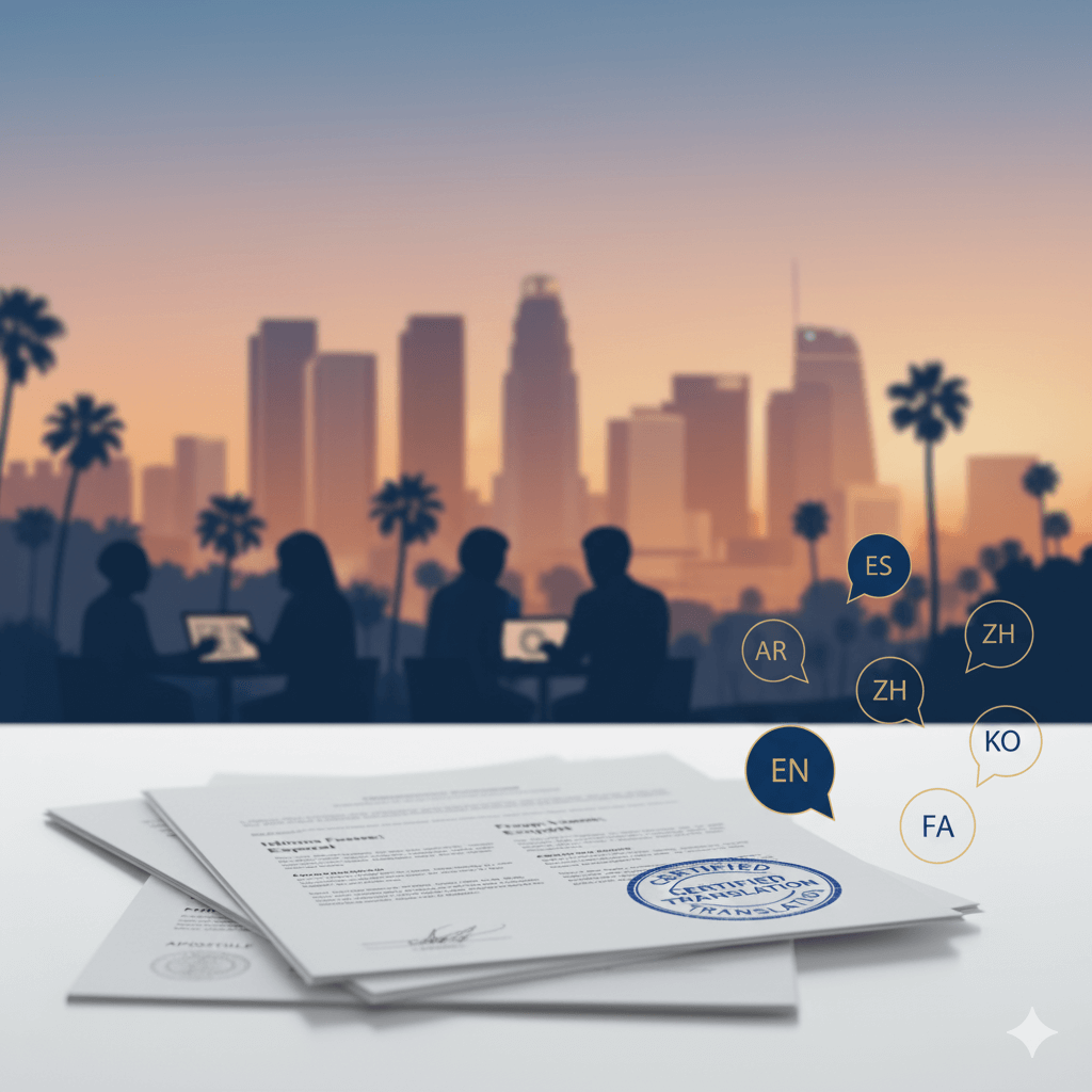 Los Angeles translation services — certified document translation with LA skyline and multilingual language icons.