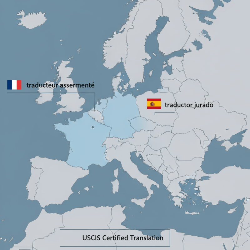 Map highlighting sworn translator jurisdictions in France and Spain with USCIS translation label for the U.S.