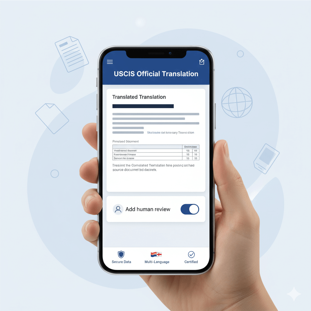 Mobile AI document translator app with option for human review and secure