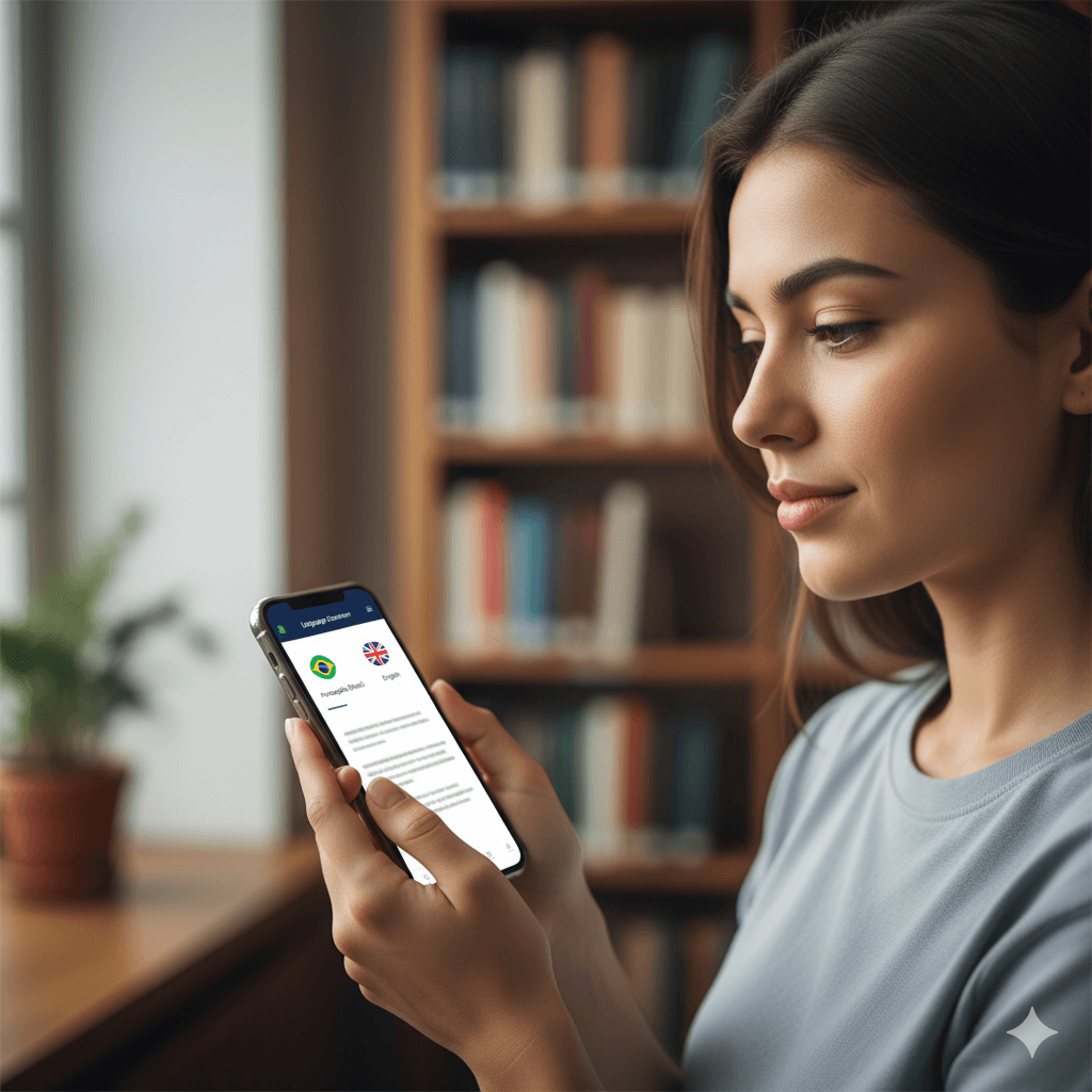 Mobile Brazil language converter app in a student’s hand, choosing Brazilian Portuguese or English for academic document translation in a library setting.