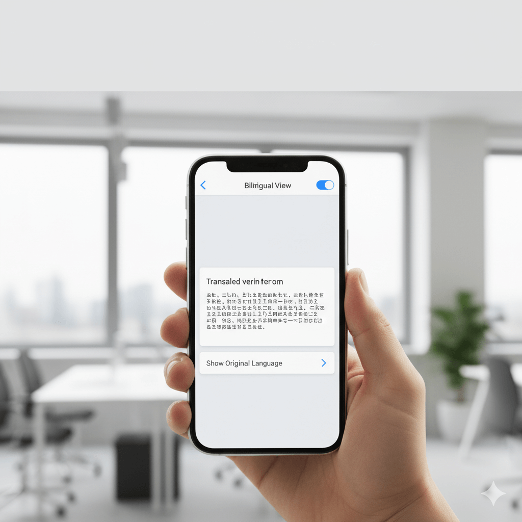 mobile email translation — smartphone screen showing a translated email with a bilingual toggle