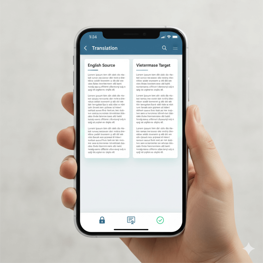 Mobile interface showing side-by-side English to Vietnamese translation of an academic diploma with certification cues