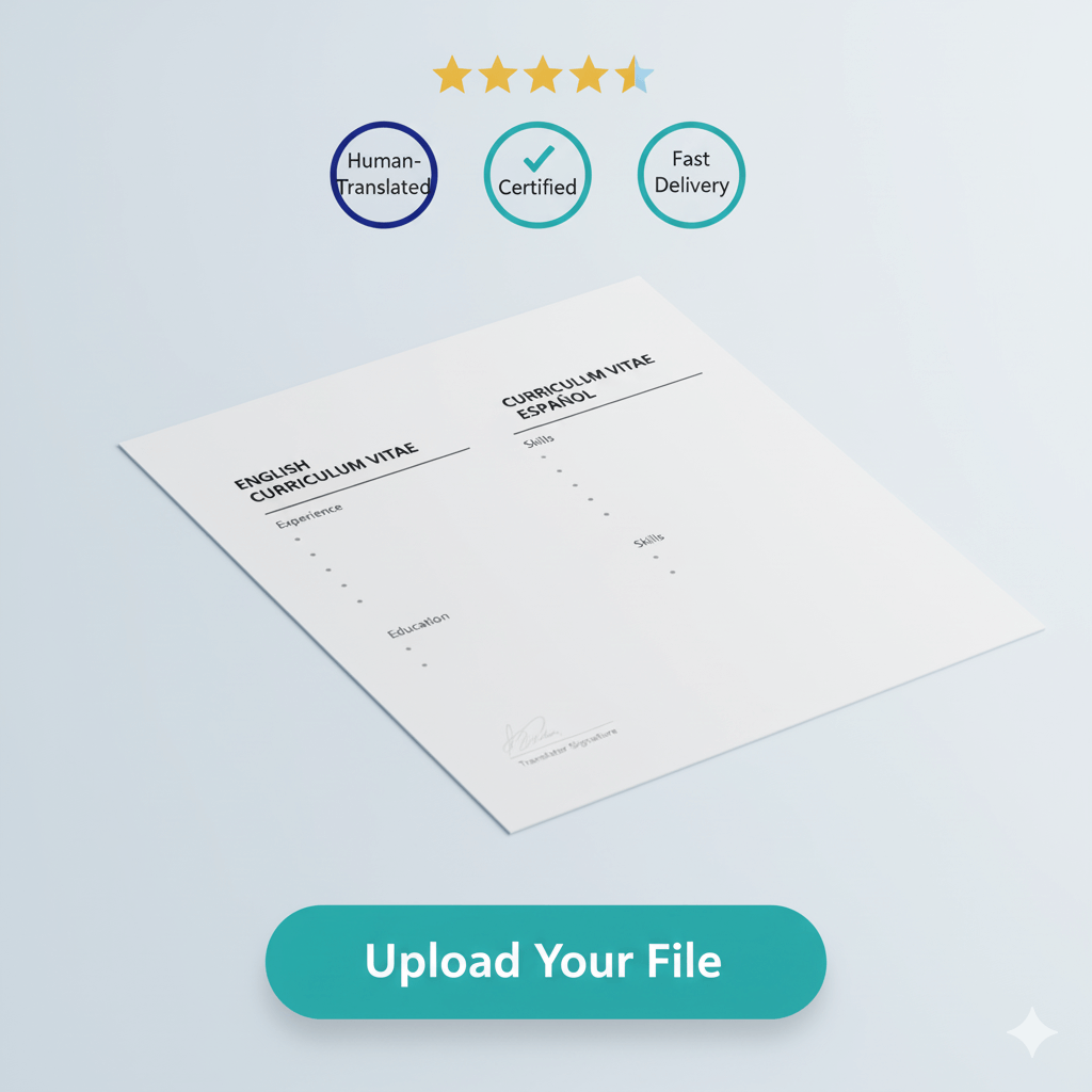 Mobile resume translate graphic with trust badges, bilingual CV preview, and Upload Your File call-to-action