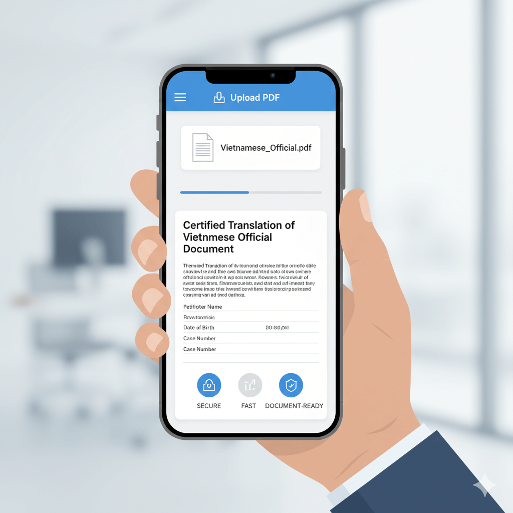 Mobile user uploading Vietnamese document for fast AI English translation