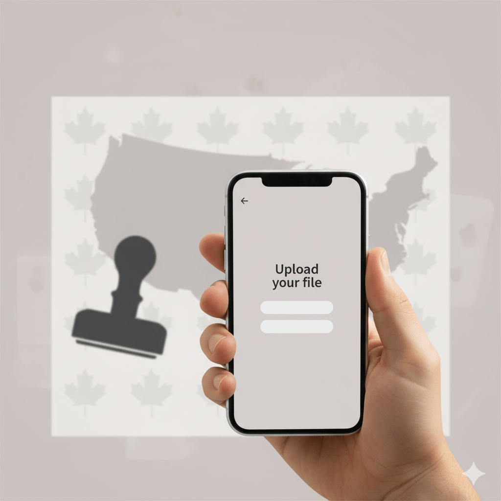 Mobile view showing secure file upload concept for certified translation services accepted in the US and Canada.