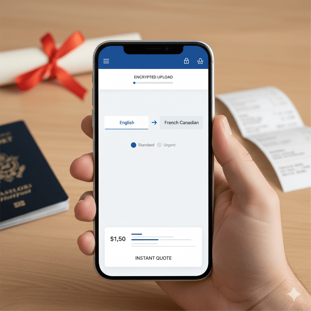 Mobile view: upload a PDF for certified document translation with transparent pricing and same-day urgent delivery options.
