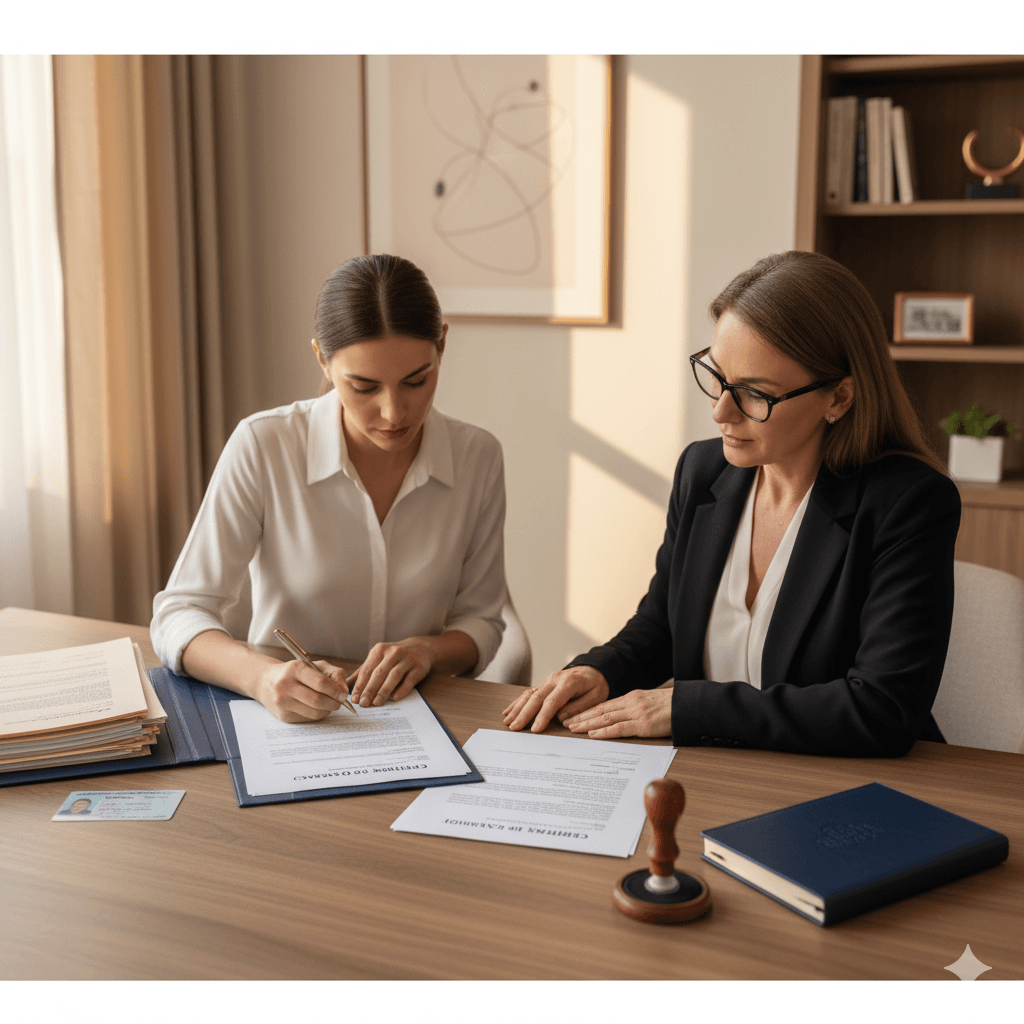 Notary witnessing a translator’s signature for a certified translation with optional notarisation.