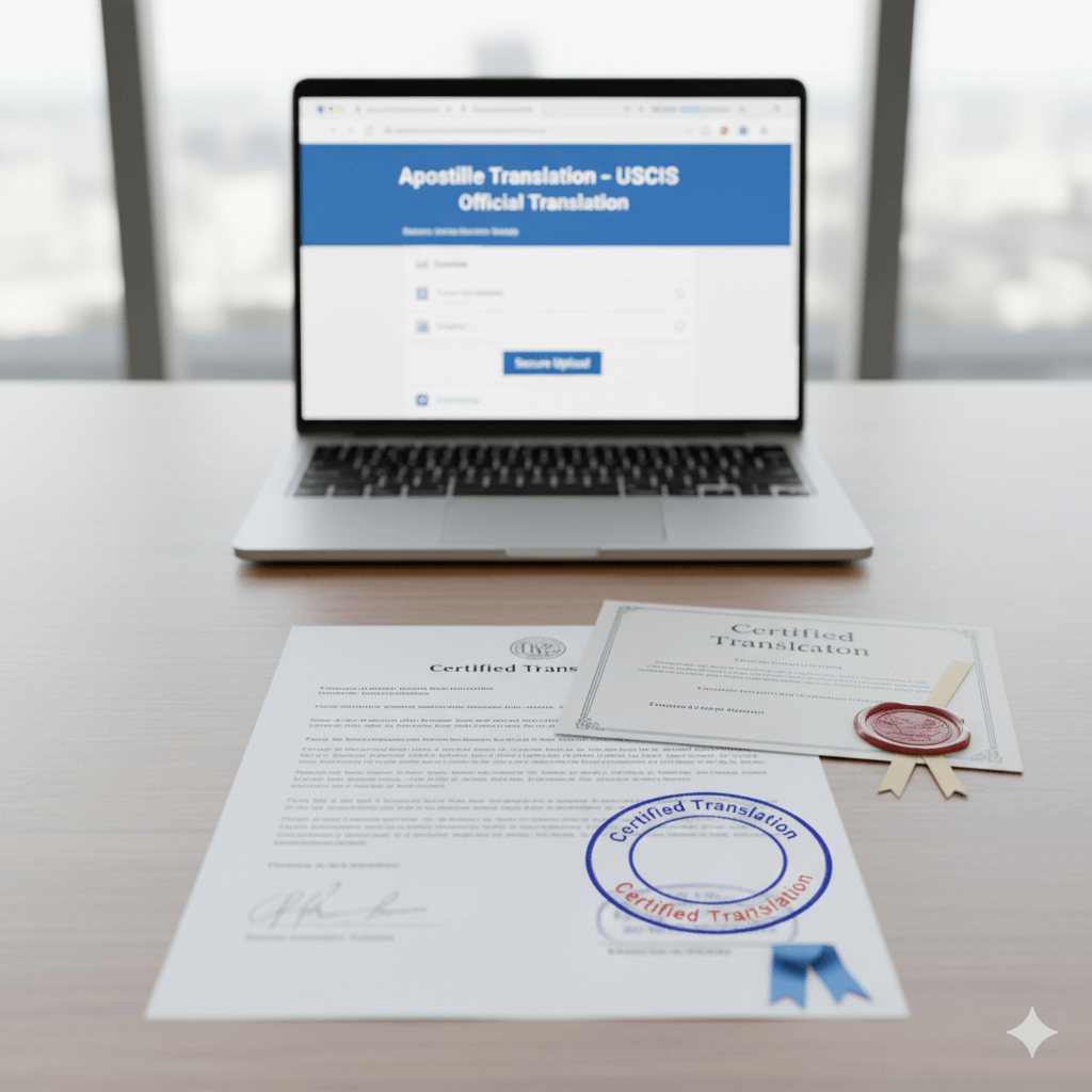 Official apostille translation documents on a desk beside a laptop for international use