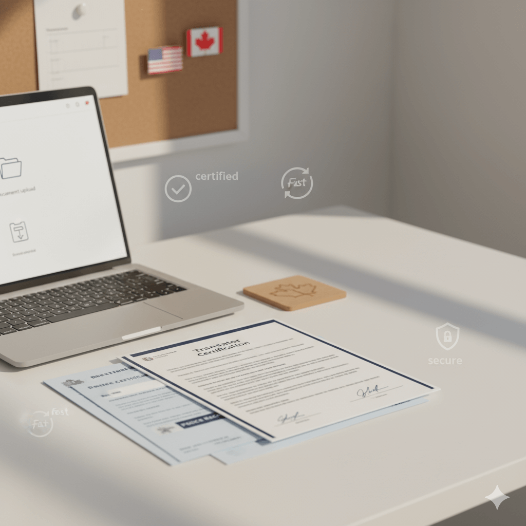 Official translators of American and Canada—certified translation desk scene with upload screen, identity documents, and translator certification.