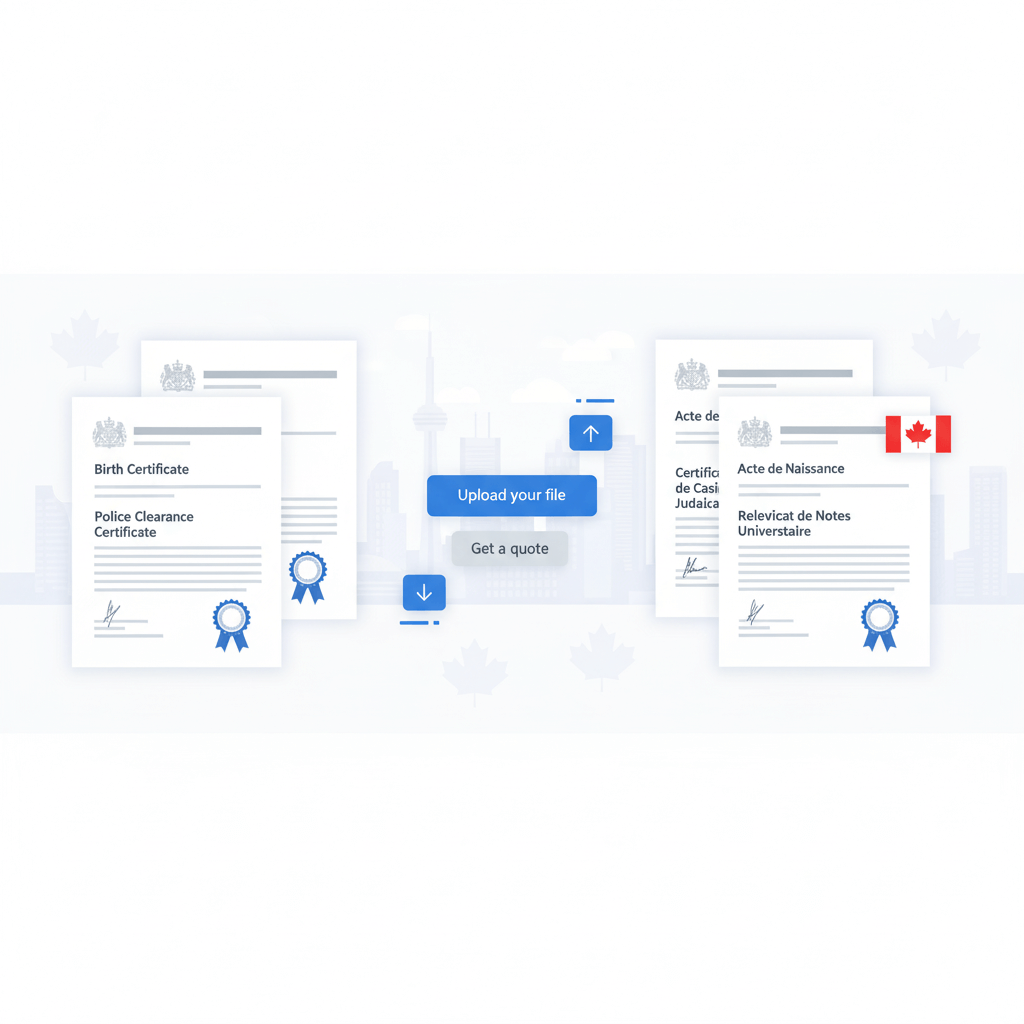 Online service converting English certificates into French Canadian with upload and quote options