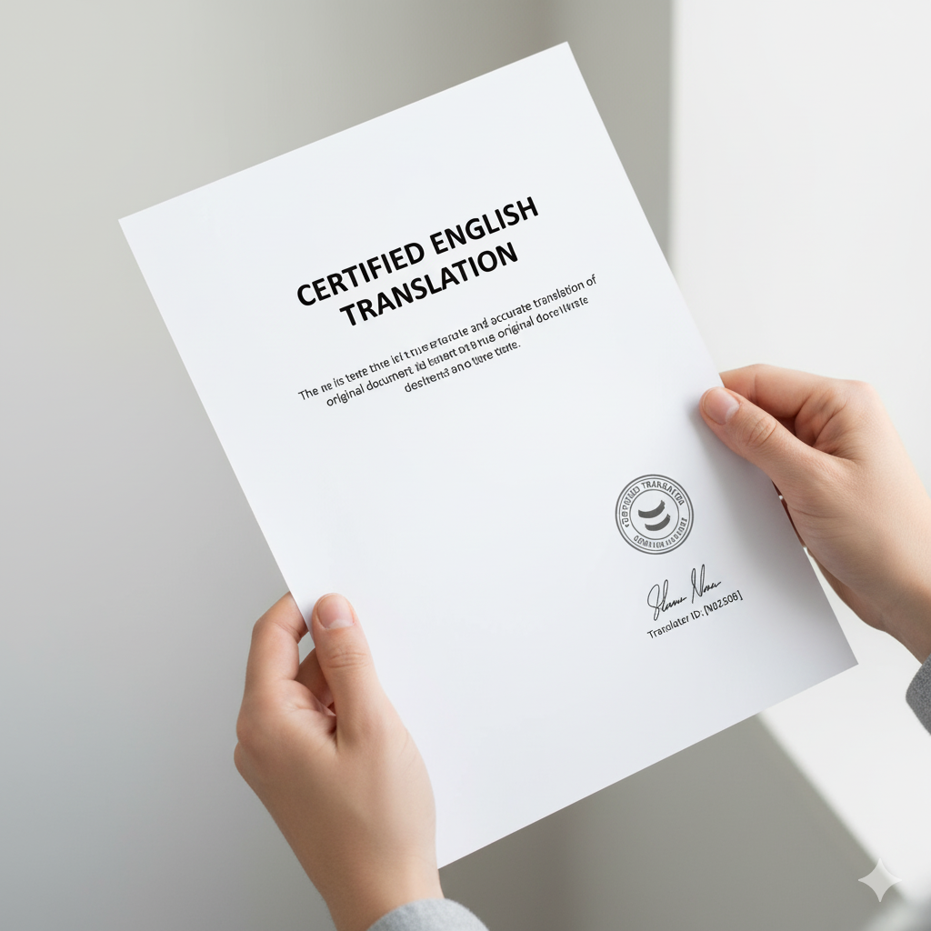 Person holding certified English translation document — trusted translator near me for USCIS applications.