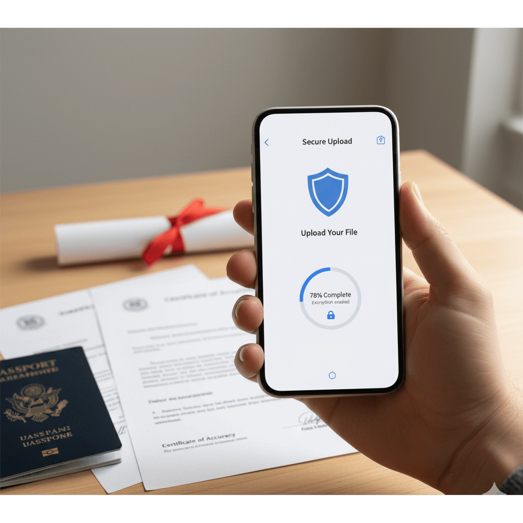 Phone with secure file-upload screen for certified immigration translation, documents in background—best online translation services for USCIS.”