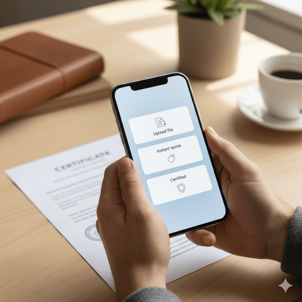 Portrait image of a person using a phone to upload a certificate for an instant, certified translation quote, with simple pricing icons.