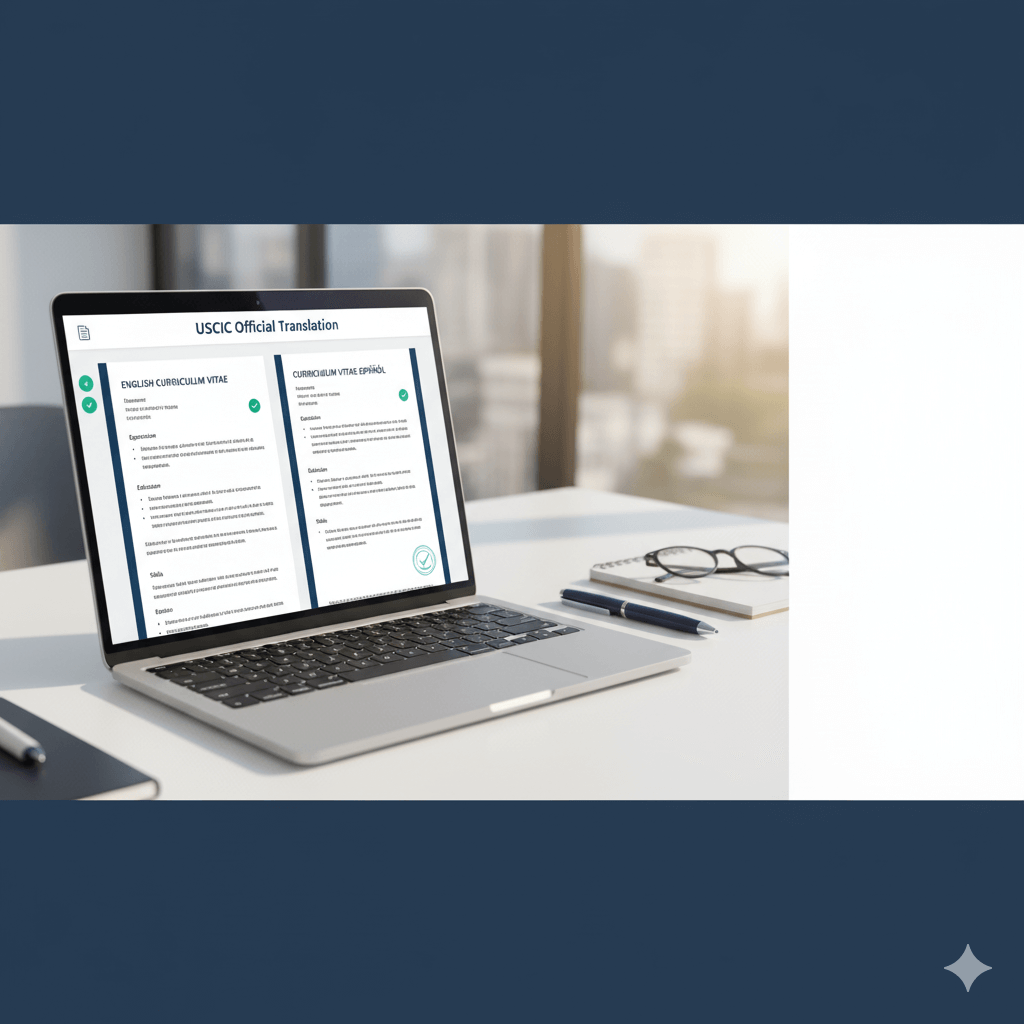 Professional resume translate hero image with bilingual English–Spanish CV, certificate icon, and clean workspace.