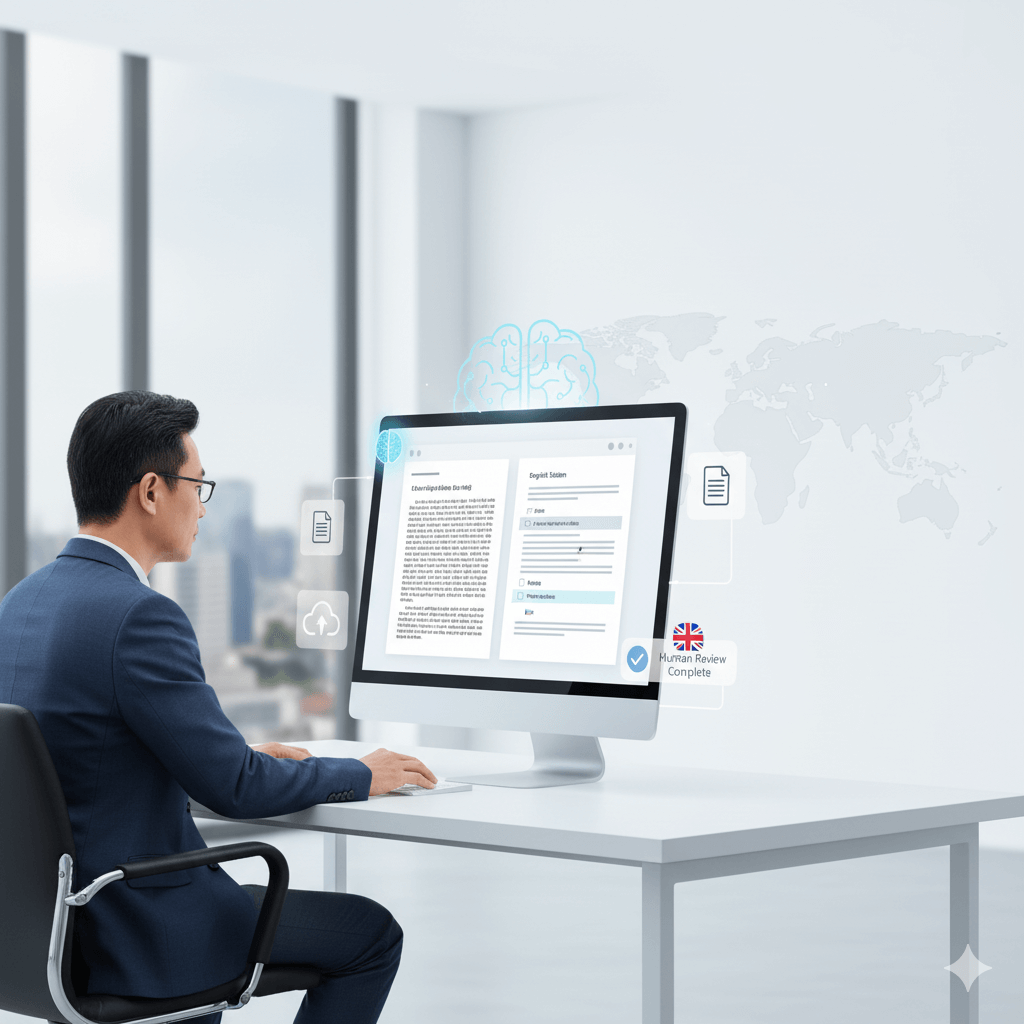 Professional reviewing AI Vietnamese to English translation with human verification”