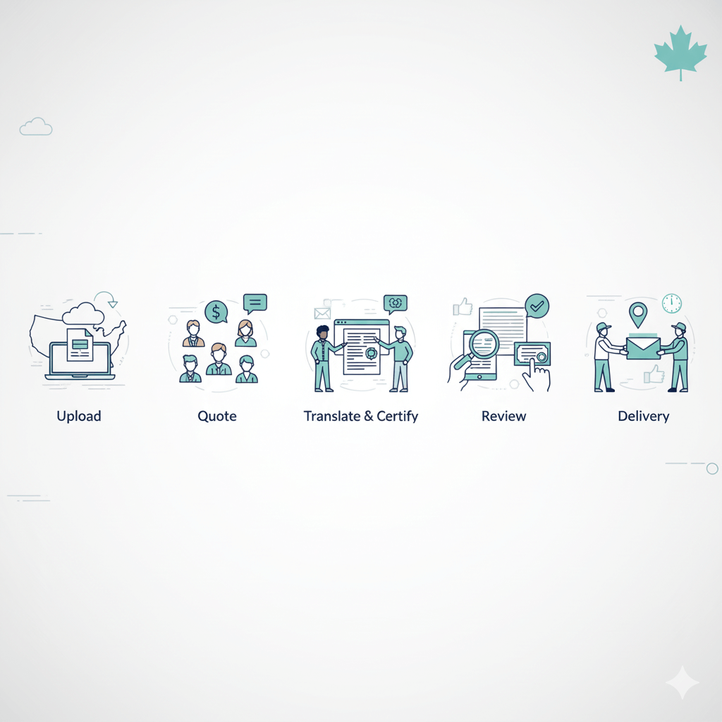 Professional translation agency process banner showing upload, quote, certified translation, review, and delivery for the US and Canada.