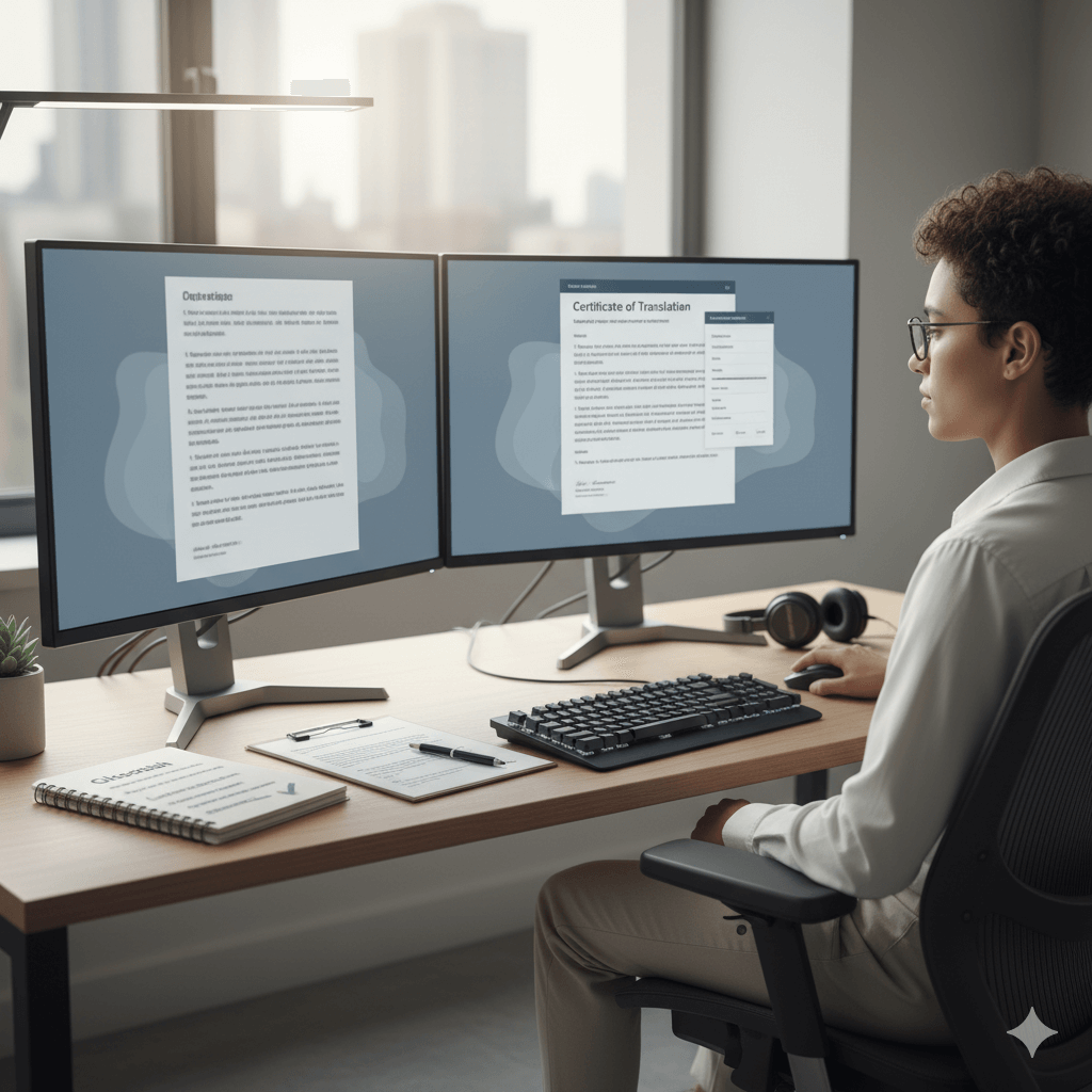 Professional translator compares Spanish and English on dual monitors with a certificate template visible, ensuring certified translation quality.