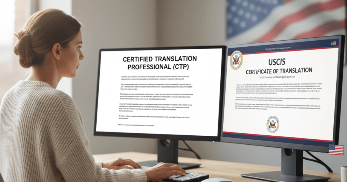 Professional translator preparing USCIS certified translation of CTP certificate at modern workspace