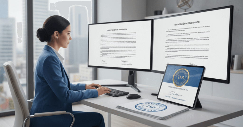 Professional translator preparing certified translation documents at a modern workspace