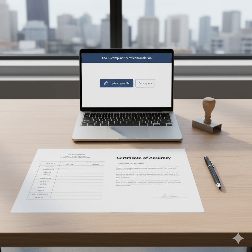 San Francisco translation company desk with USCIS-compliant certified translation, laptop upload UI, and multilingual documents.