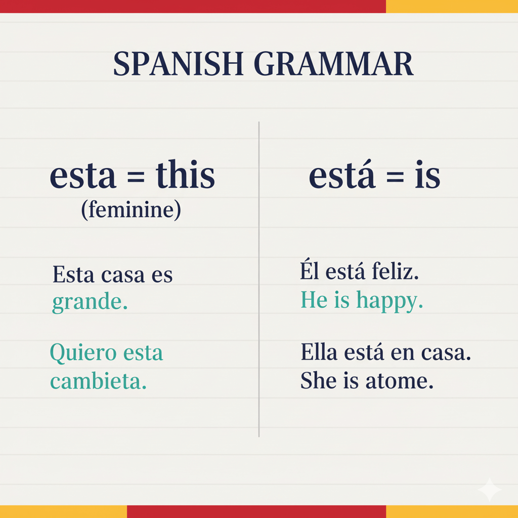 Spanish grammar chart comparing 'esta' and 'está' in English meaning with examples – educational infographic for translation guide