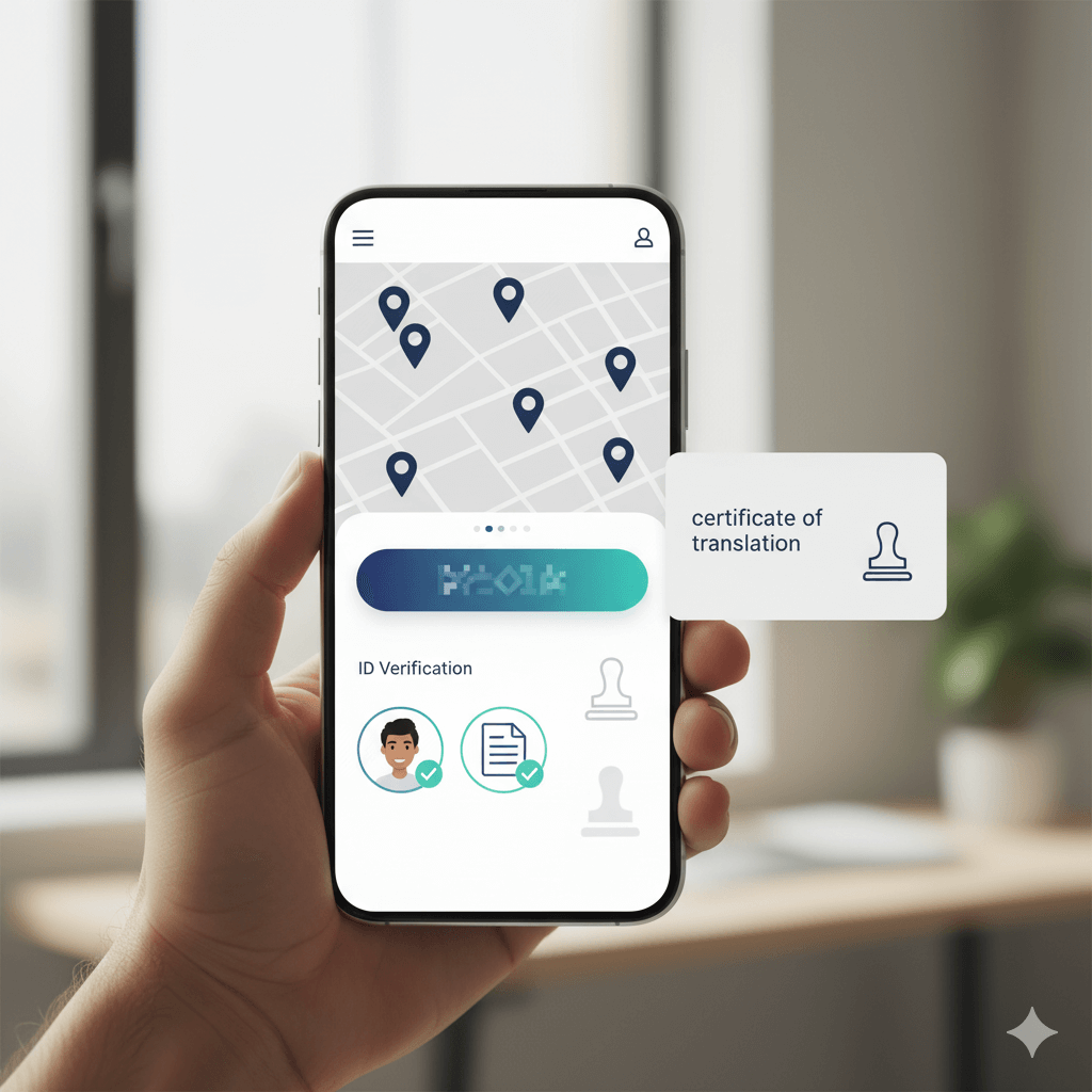 Spanish notary near me on mobile — map pins and secure ID verification to book a bilingual notary and request certified translation online.