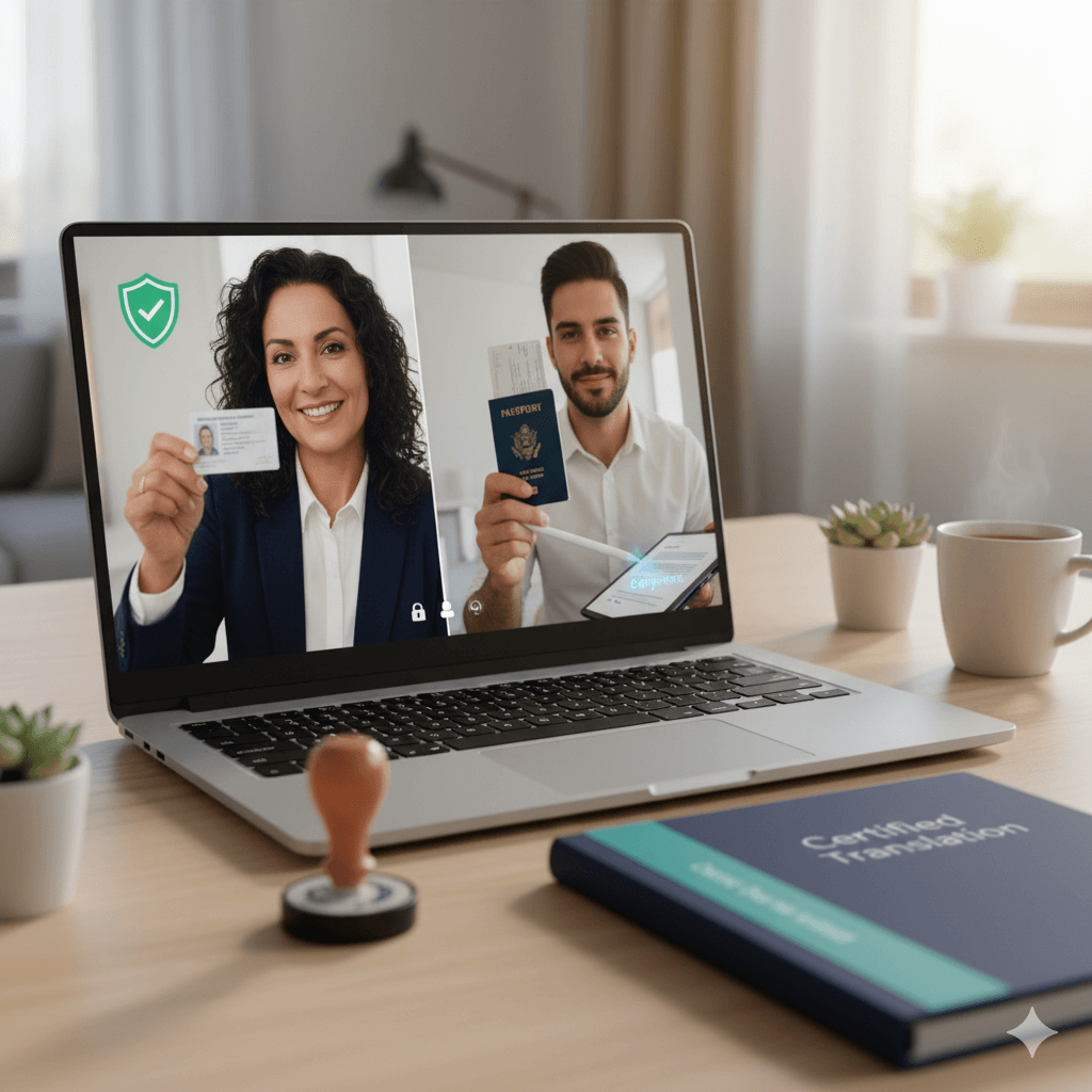 Spanish notary near me — bilingual notary on a secure video call verifying ID and witnessing an e-signature with certified translation documents.