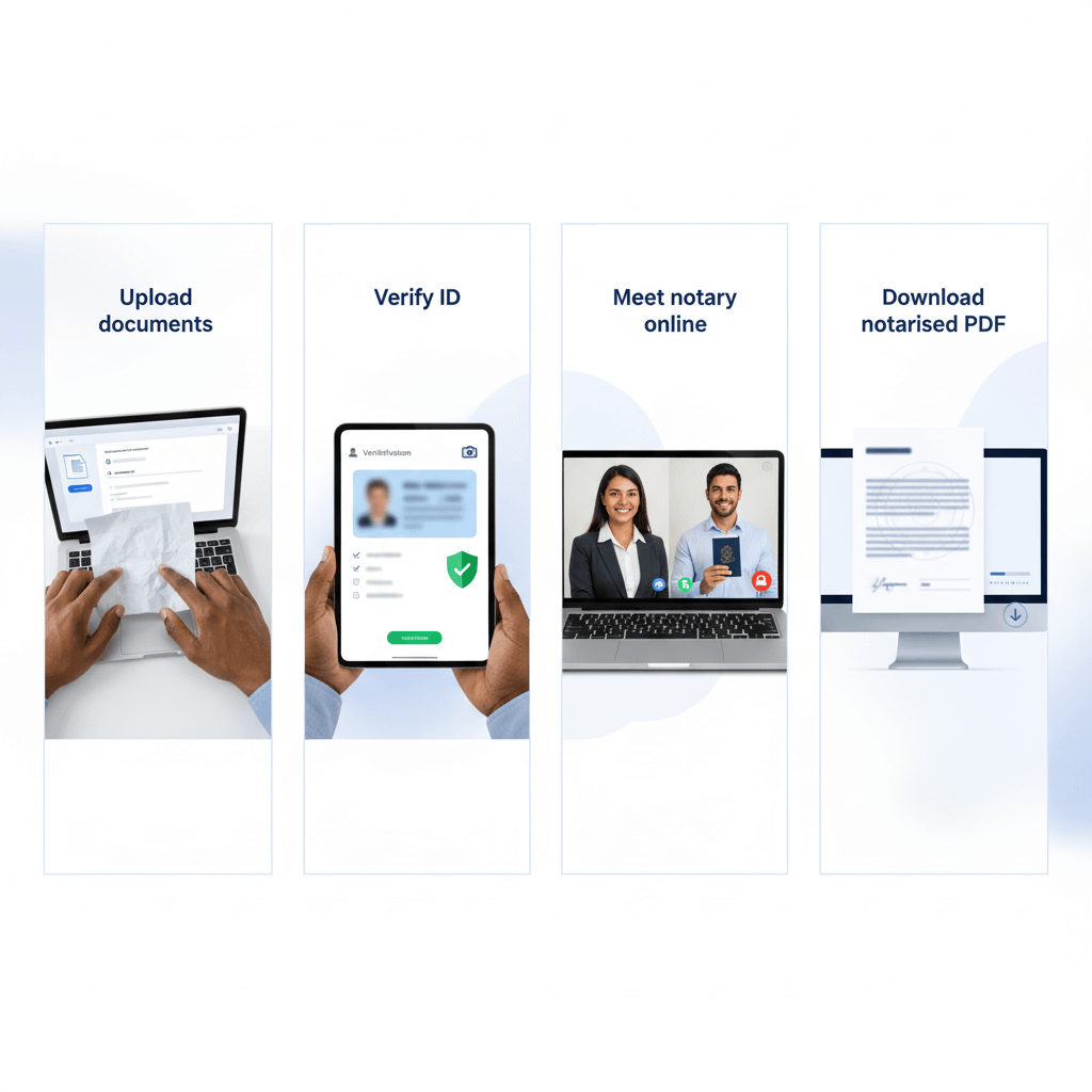 Spanish notary services near me — banner showing upload, ID verification, online meeting with a Spanish-speaking notary, and instant notarised PDF download.