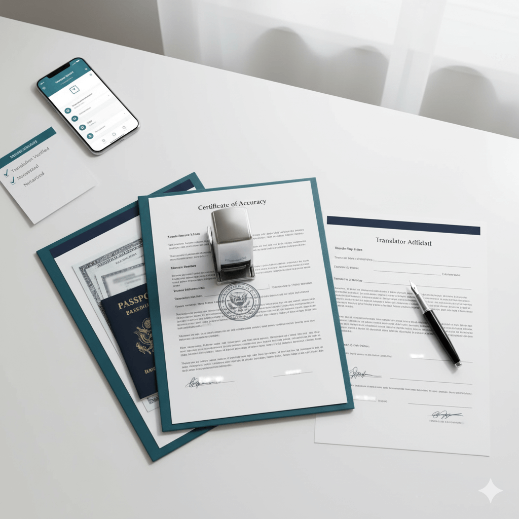 Square flat-lay of notary public translation certification with Certificate of Accuracy, notary seal, and secure upload for certified and notarised translation.